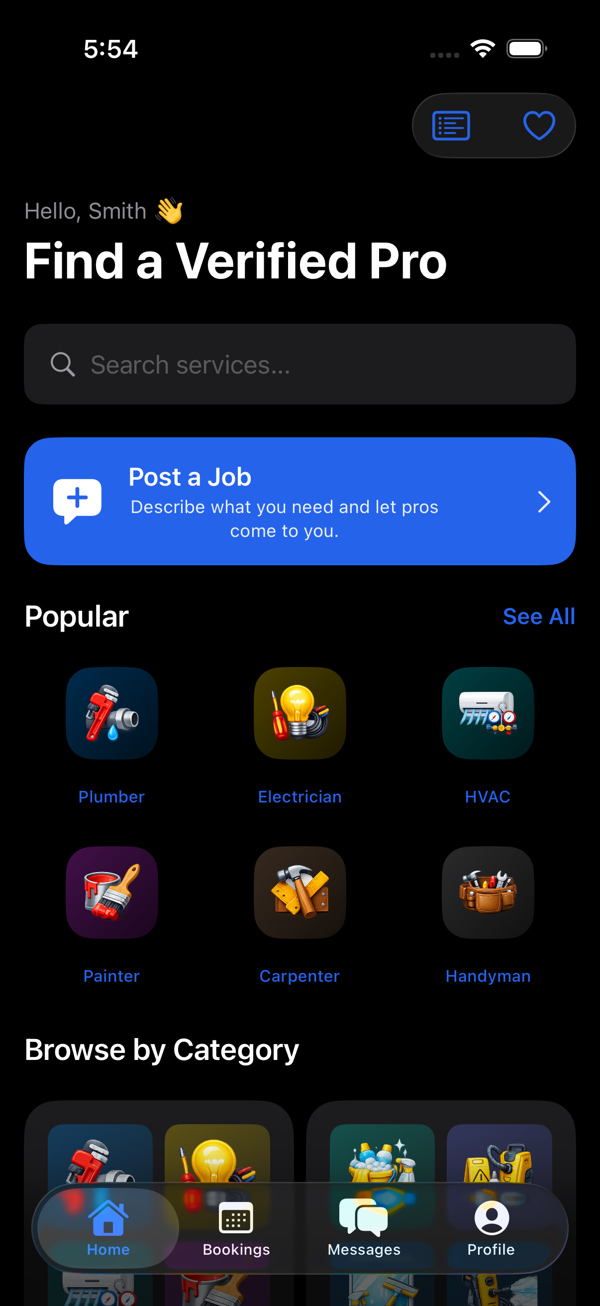 VeraFix homeowner home screen, find a verified pro
