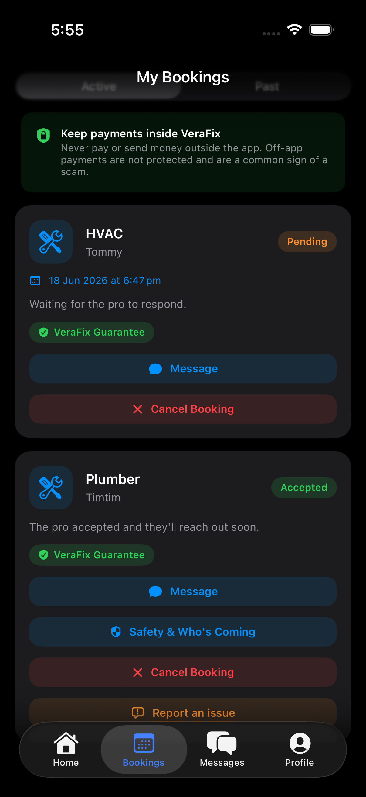 VeraFix my bookings screen