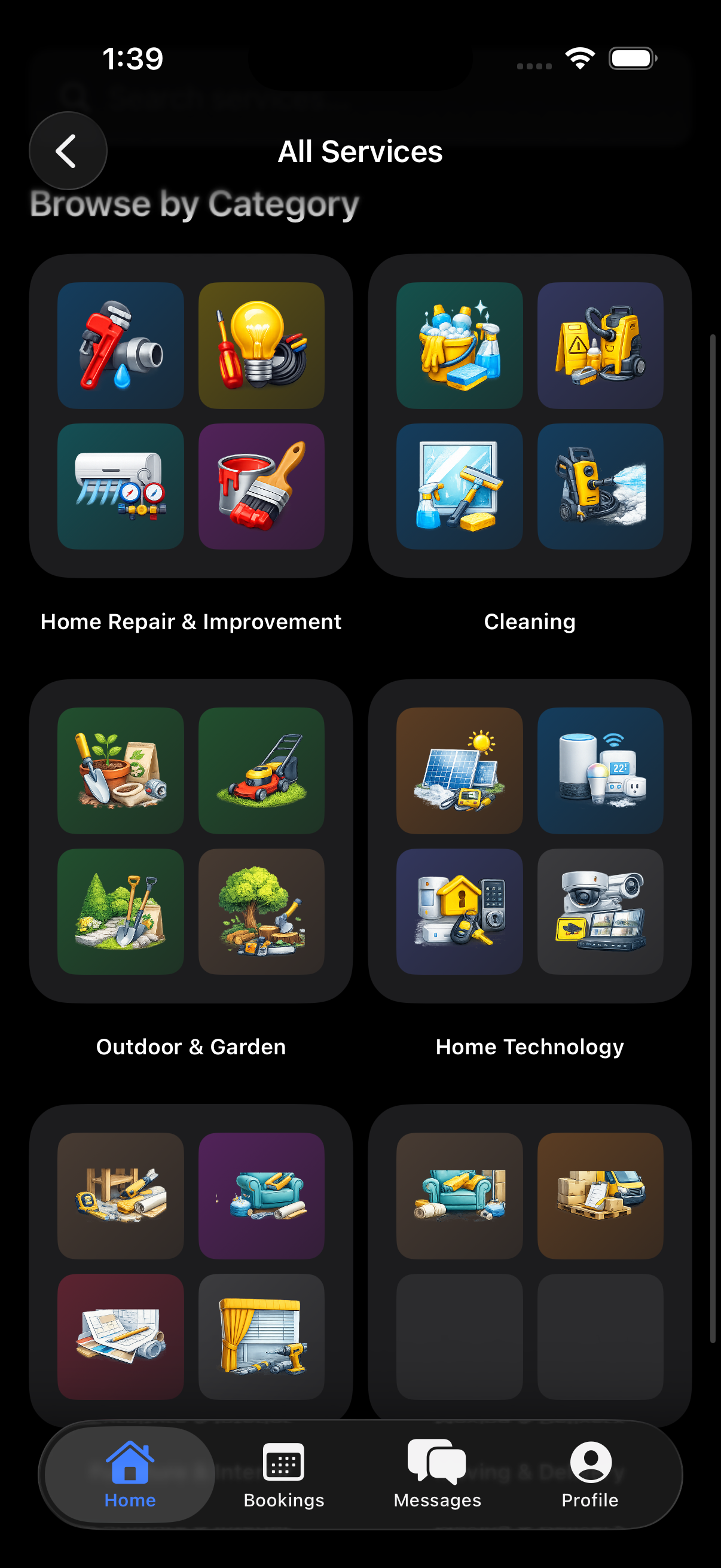 VeraFix browse services screen