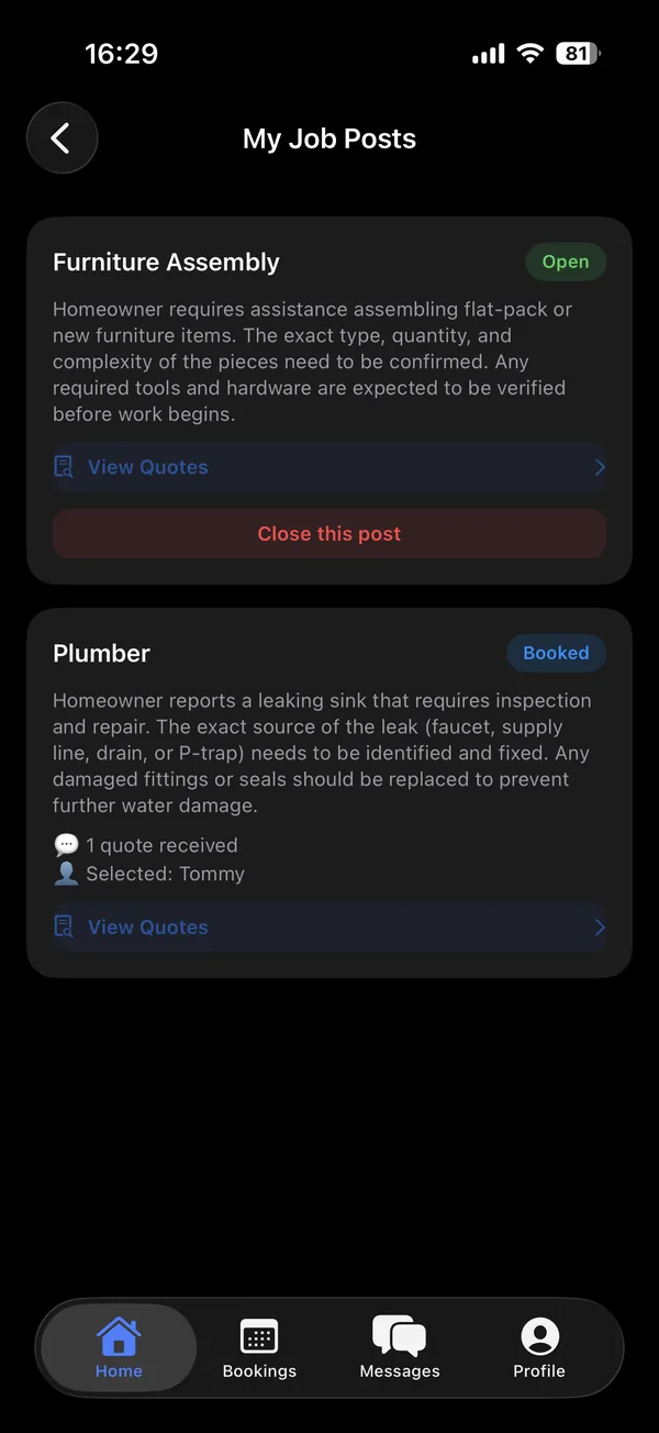 VeraFix Homeowner screen: Post a job, compare quotes