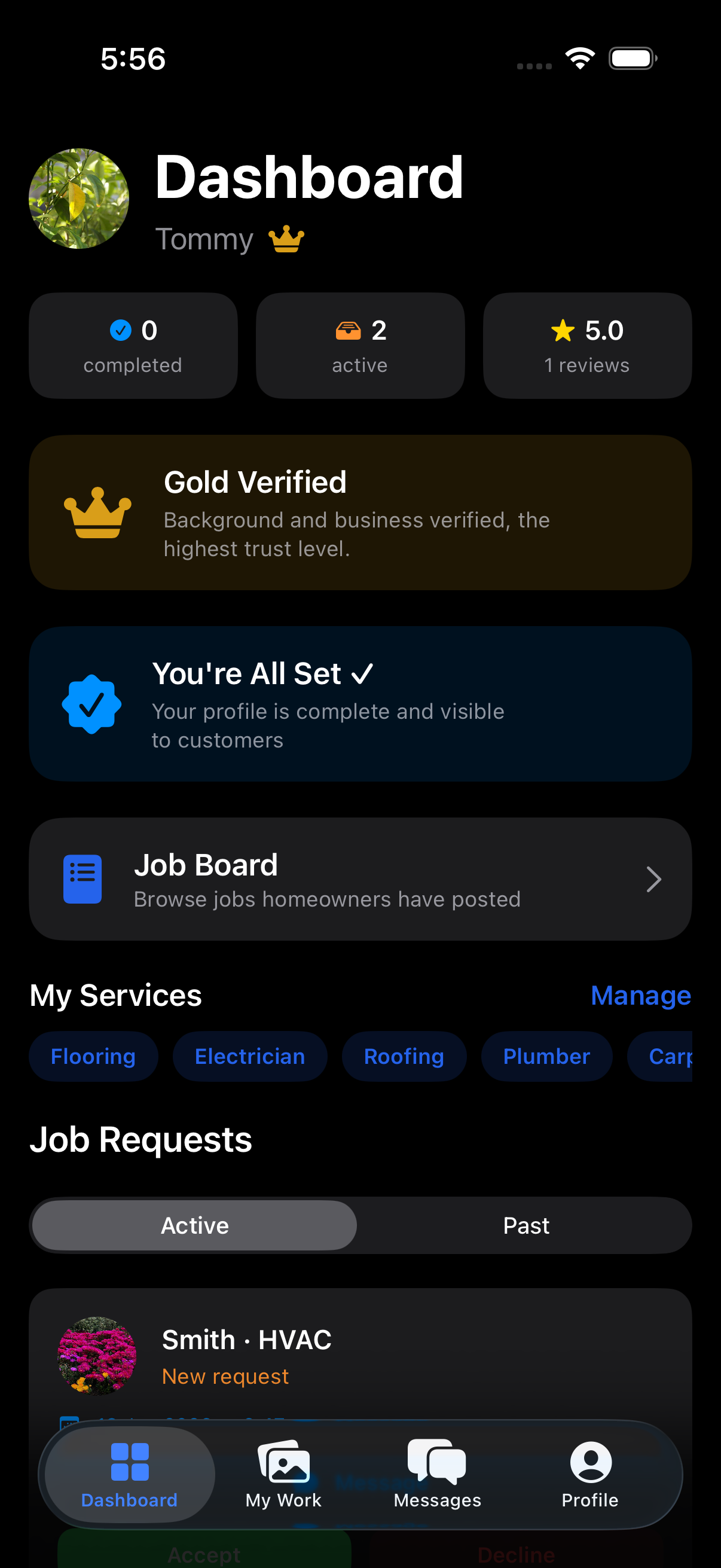 VeraFix service pro dashboard screen